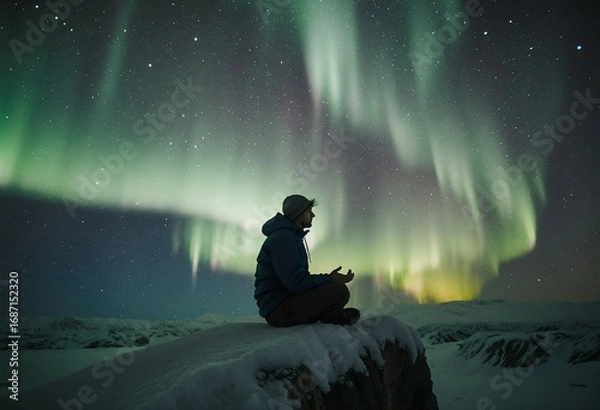 Obraz A solitary figure sits on a snowy ledge, gazing up at the mesmerizing display of the Northern Lights, their vibrant green and purple hues dancing across the starry night sky