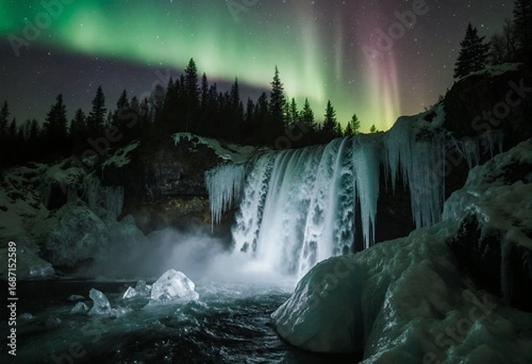 Obraz A stunning winter scene featuring a frozen waterfall illuminated by the ethereal glow of the Northern Lights, set against a backdrop of snowcovered trees and a starry night sky