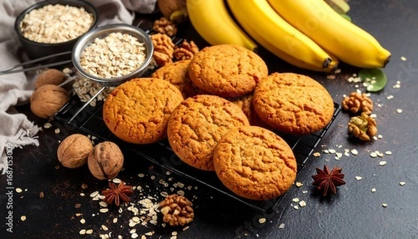 Obraz Oatmeal cookies with bananas and walnuts