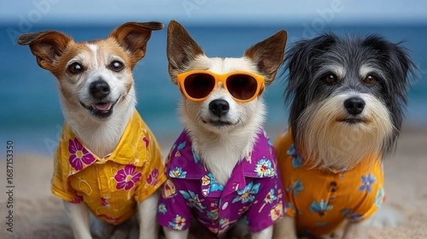 Fototapeta Three dogs wearing Hawaiian shirts and sunglasses are posing for a photo on the beach. The dogs are smiling and seem to be enjoying the sunny day