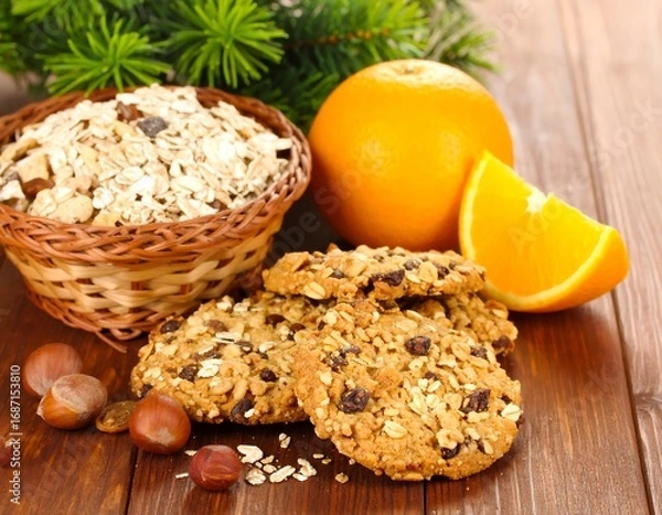 Obraz Oatmeal raisin cookies with orange slices and granola