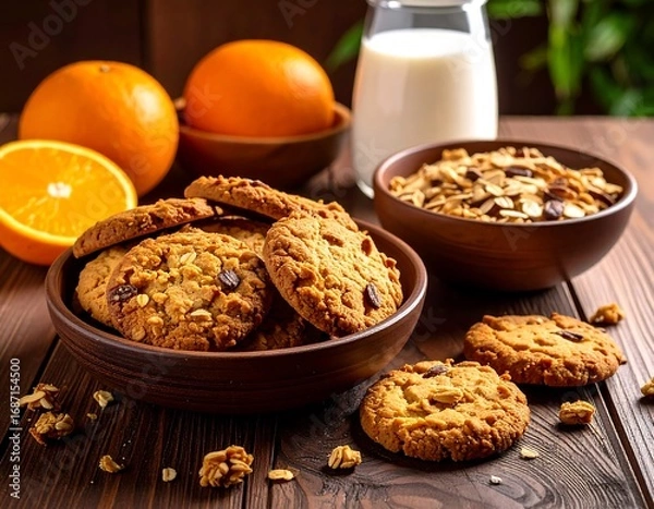 Obraz Oatmeal raisin cookies with oranges and milk