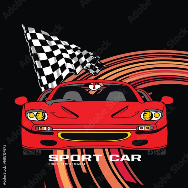 Fototapeta red racing car with checkered flag