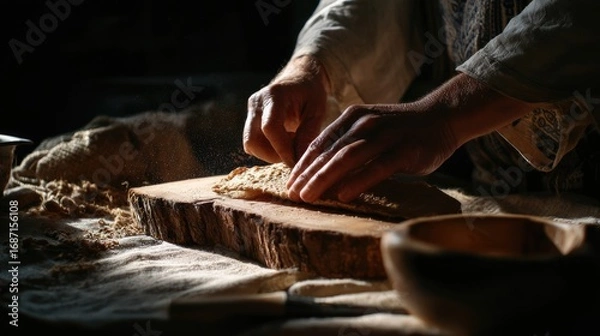 Fototapeta Close-up view of a potter's hands meticulously working with clay on a wooden turntable.