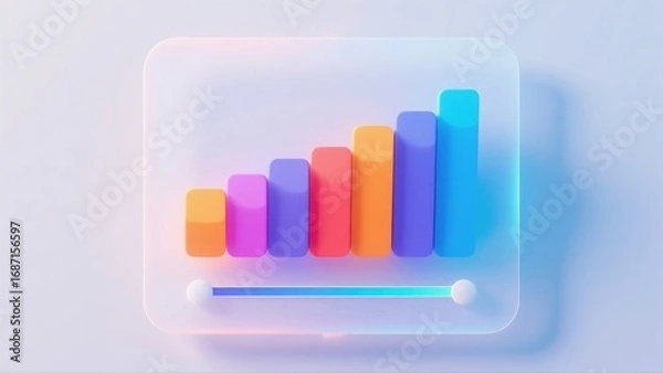 Fototapeta Colorful 3D bars rise inside a translucent UI tile, suggesting analytics, KPIs and steady growth. Clean finance visual suited for dashboards, reports, websites, app stores, ads and pitch decks.