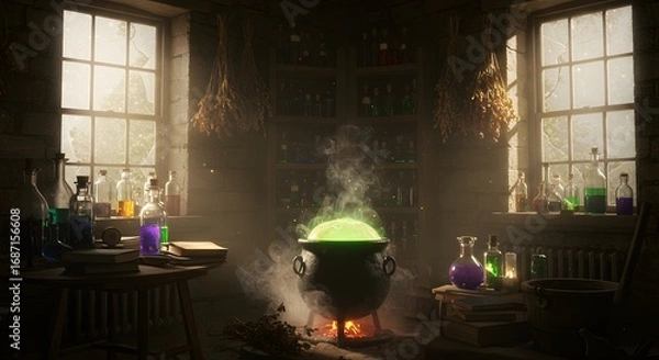 Fototapeta Mystical Alchemist's Lab with Bubbling Cauldron and Glowing Green Potion
