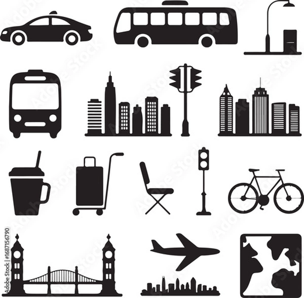 Obraz City Transportation and Travel Icons Silhouette Collection vector illustration