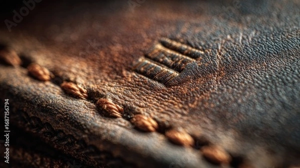Fototapeta Close-up of a brown leather wallet with embossed logo.