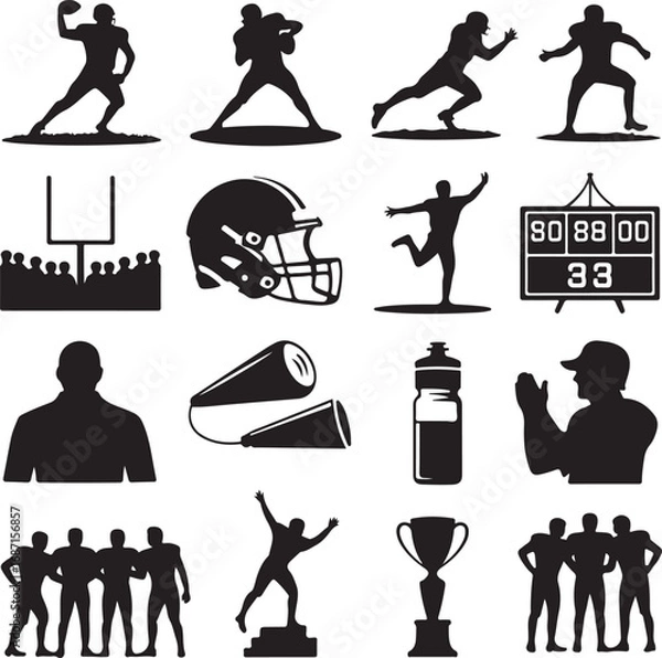 Fototapeta American Football Player and Game Icons Silhouette Set vector illustration