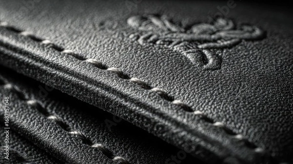 Fototapeta Close-up of a brown leather wallet with embossed logo.