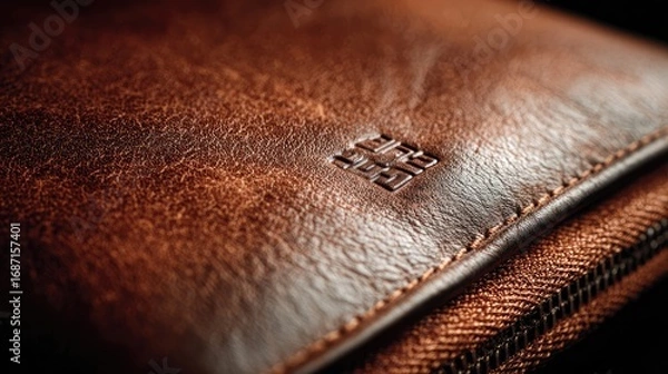 Fototapeta Close-up of a brown leather wallet with embossed logo.