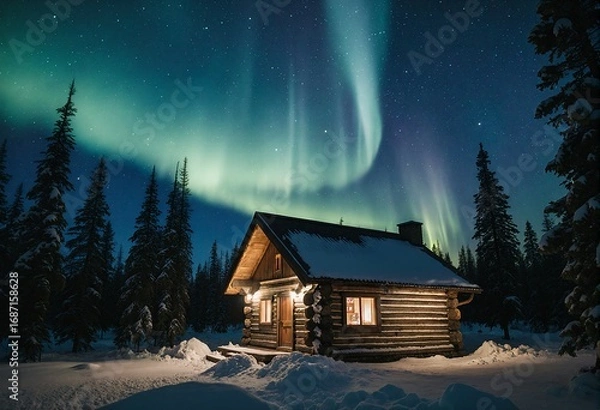 Obraz A cozy log cabin nestled in a snowy forest under the mesmerizing glow of the Northern Lights, creating a serene winter wonderland scene