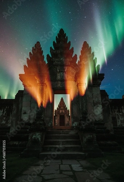 Obraz A mystical temple stands under a breathtaking display of the Northern Lights, casting an ethereal glow over its ancient stone structure 