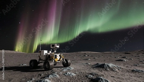 Obraz A rover explores the lunar surface under a stunning display of the Northern Lights, creating a breathtaking contrast between Earths natural phenomena and the moons barren landscape
