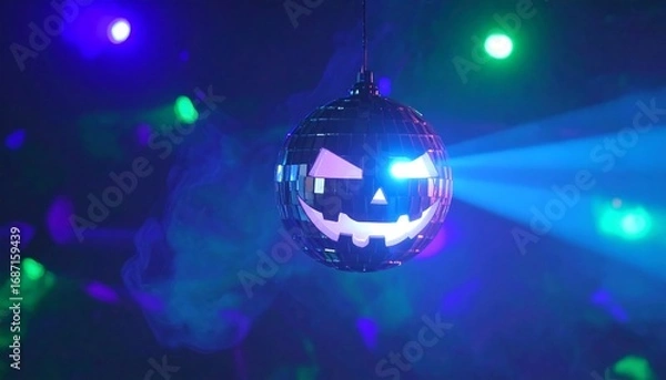 Fototapeta A spooky disco ball with a jack-o'-lantern face, bathed in vibrant club lights