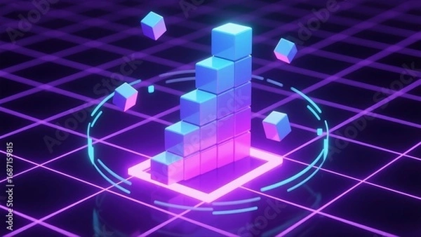 Fototapeta High glowing bars stand on a futuristic grid, expressing ROI and revenue growth. A bold analytics visual suited for dashboards, infographics, reports, websites, ads and pitch presentations.