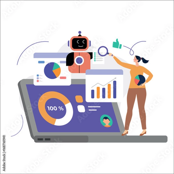 Obraz Customer satisfaction analysis with AI. Characters study reviews, charts, diagrams, and insights from artificial intelligence.
