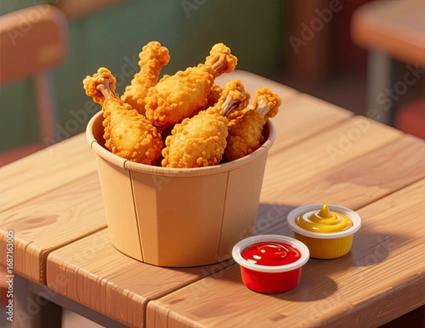 Fototapeta illustration of fried breaded chicken legs served in a paper cardboard bucket on a wooden table with sauce.
