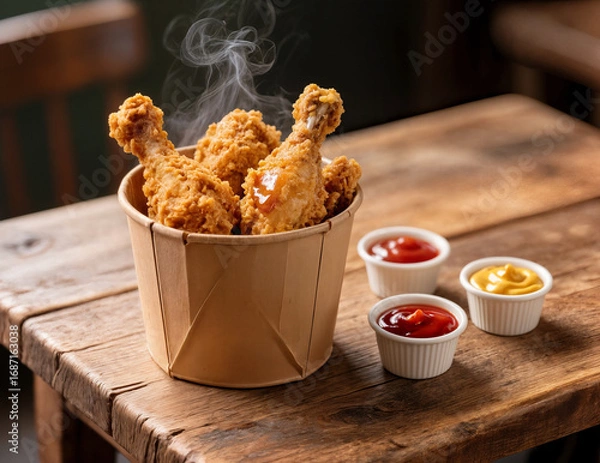 Fototapeta Fried chicken legs served in a paper cardboard bucket on a wooden table with sauce.