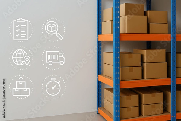 Fototapeta Supply chain logistics management illustrated with warehouse storage and inventory concept showing cardboard boxes on metal shelving and digital icons for delivery and tracking