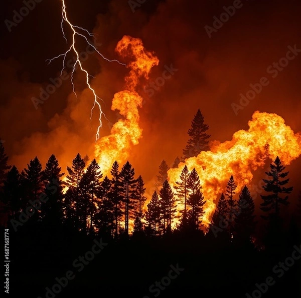 Obraz A dramatic scene of a forest fire at night, with intense flames and billowing smoke rising from the trees, illuminated by a bolt of lightning striking in the sky