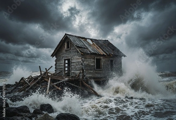 Obraz A dilapidated wooden shack stands precariously on rocky shores as massive waves crash around it, under a dark, stormy sky 