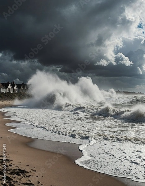 Obraz A dramatic stormy scene at the beach with large waves crashing onto the shore, creating a powerful and intense atmosphere