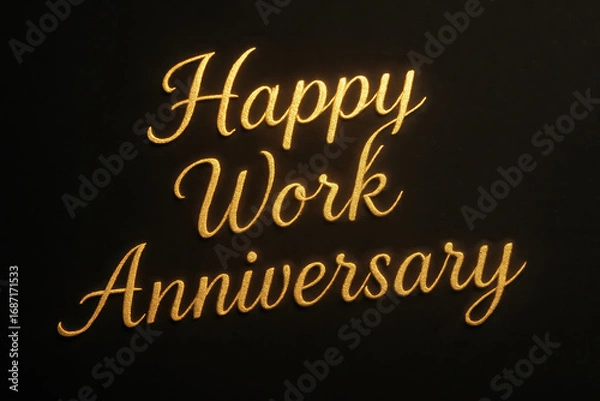 Fototapeta Happy work anniversary golden text on black background creates festive and elegant atmosphere perfect for celebrating joyful milestone at workplace or office event