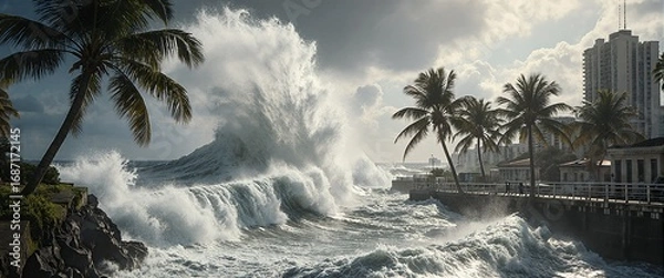 Obraz A powerful wave crashes against a rocky shore, with palm trees and buildings in the background under a cloudy sky