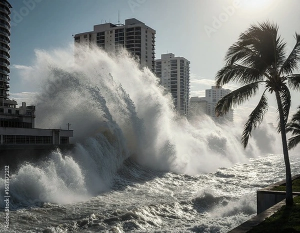 Obraz A powerful wave crashes against a coastal cityscape, with highrise buildings and palm trees in the background, illustrating the raw force of nature during a stormy day