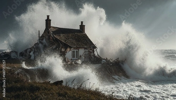 Obraz A rugged cottage stands resilient against the relentless force of crashing waves in a stormy coastal landscape 