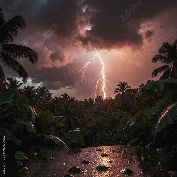 Obraz Electric Storm Over Rainforest Natures Power Unleashed in a Dramatic Display of Lightning and Thunder