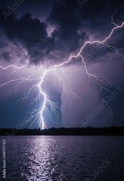 Obraz A dramatic lightning storm illuminates the night sky over a serene lake, casting an ethereal glow on the waters surface and creating a mesmerizing contrast between the dark clouds