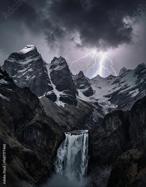 Obraz A dramatic lightning strike illuminates a snowcapped mountain range, casting an eerie glow over a rugged waterfall and surrounding peaks 