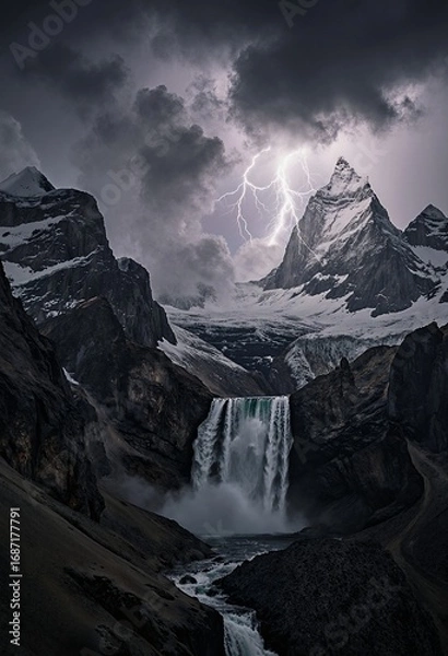 Obraz A dramatic lightning strike illuminates a majestic waterfall cascading down a snowcovered mountain peak, creating a striking contrast between the dark clouds and the bright light