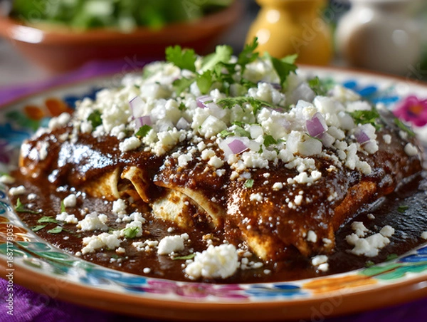 Fototapeta Delicious Mole Enchiladas with Queso Fresco, Red Onion, and Cilantro on a Colorful Plate