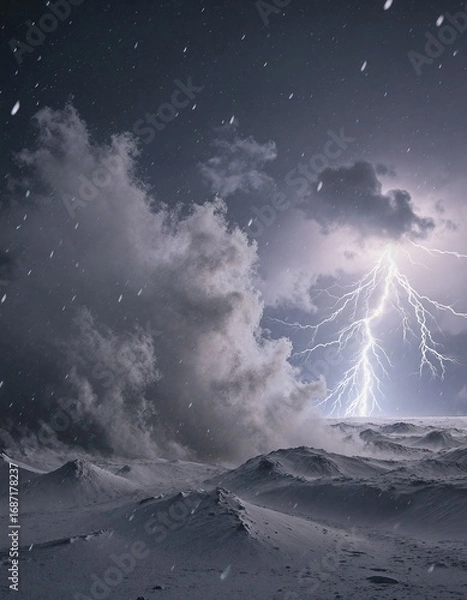 Obraz A dramatic night sky over a snowy landscape, with a massive cloud formation and a striking lightning bolt illuminating the scene