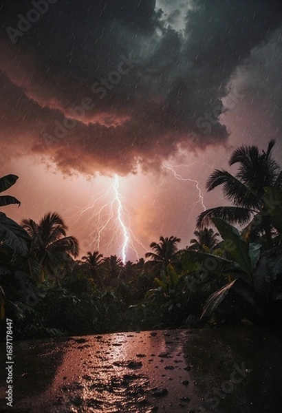 Obraz A dramatic thunderstorm illuminates the night sky with a powerful lightning bolt, casting an eerie glow over tropical foliage below