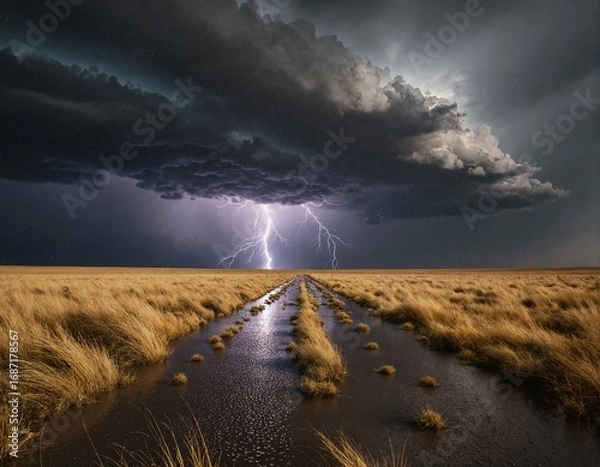 Obraz A dramatic thunderstorm looms over a lone road in a vast, grassy field, with lightning striking down and illuminating the dark clouds