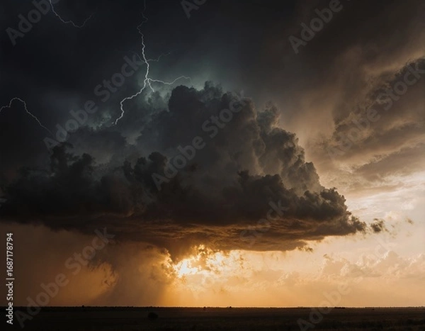 Obraz A dramatic thunderstorm with dark clouds and lightning illuminating the sky, casting an eerie glow over the landscape below