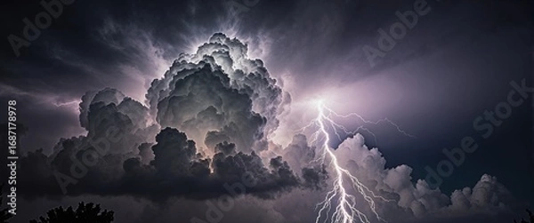 Obraz A dramatic thunderstorm with towering clouds illuminated by lightning bolts, creating a powerful and aweinspiring scene