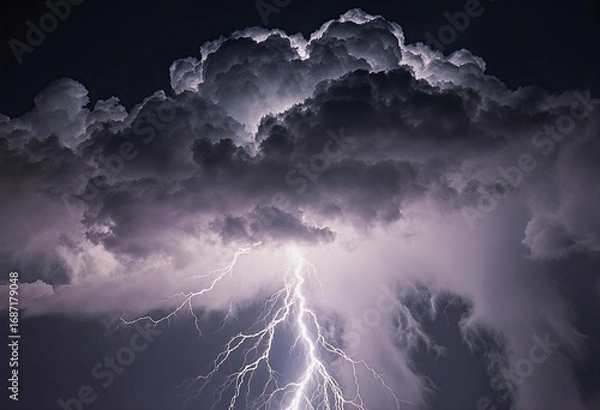 Obraz A dramatic thunderstorm with towering clouds and a striking bolt of lightning illuminating the night sky