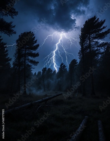 Obraz A Dramatic Lightning Strike Illuminates the Dark Forest, Creating a Mesmerizing Contrast Between Light and Shadow