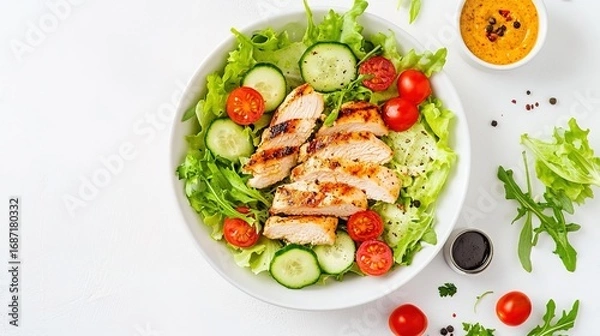 Fototapeta Grilled Chicken with Vegetables and Dipping Sauce Platter - Healthy Meal Display / Light Meal Catering Material / Gourmet Plating Design