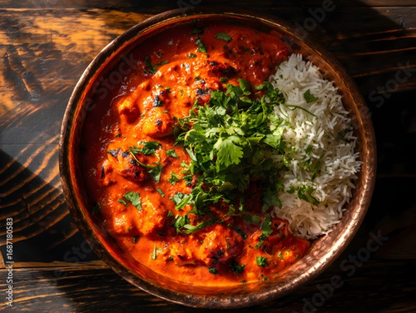 Fototapeta Delicious Chicken Tikka Masala with Basmati Rice and Cilantro in Copper Bowl on Wooden Table