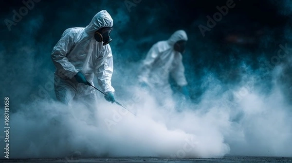 Fototapeta Professionals in protective suits and gas masks spray disinfectant creating dense mist in a dark atmospheric environment