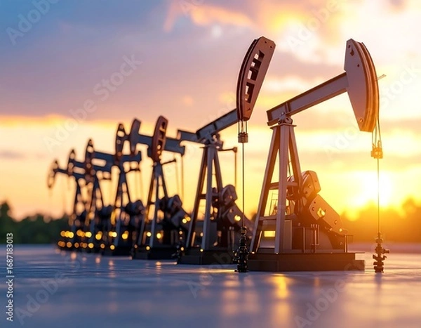 Obraz Oil pumps in a row at sunset