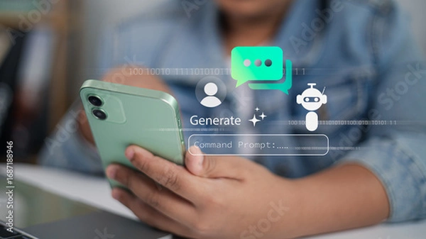 Fototapeta Person Using Mobile Phone with Futuristic AI Chatbot Interface
