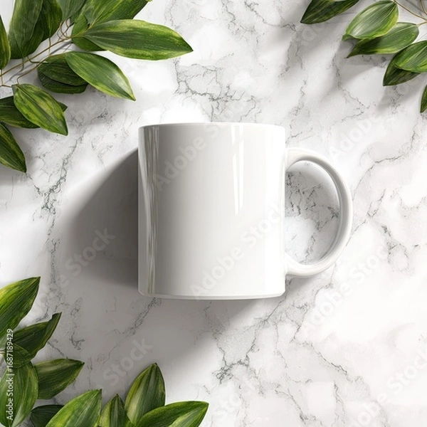 Obraz Blank white mug on marble, framed by greenery