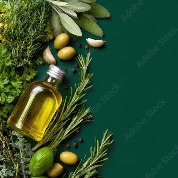 Obraz Fresh herbs and spices arranged around a bottle of oil